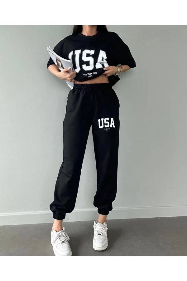 Usa T-shirt Eşofman Altı Jogger - Siyah Baskılı Alt Üst Eşofman Takım Oversize Bisiklet Yaka - 4