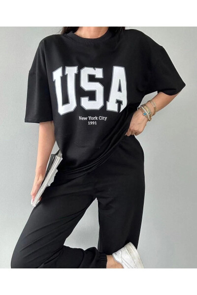 Usa T-shirt Eşofman Altı Jogger- Siyah Baskılı Alt Üst Eşofman Takım Oversize Bisiklet Yaka-Siyah - 3