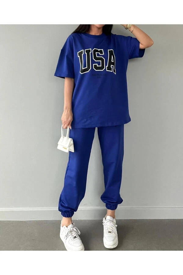 USA T-shirt Jogger Pants - Blue Printed Top and Bottom Tracksuit Oversize Bicycle Collar - 3