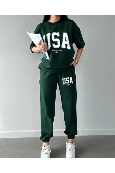 Usa T-shirt Jogger Pants - Green Printed Top and Bottom Tracksuit Oversize Bicycle Neck - 4