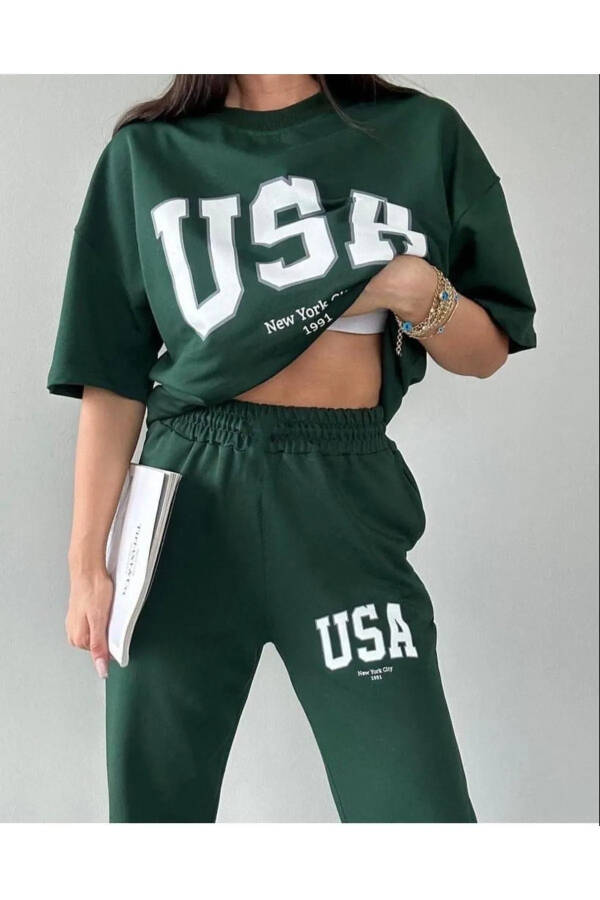 Usa T-shirt Jogger Pants - Green Printed Top and Bottom Tracksuit Oversize Bicycle Neck - 5