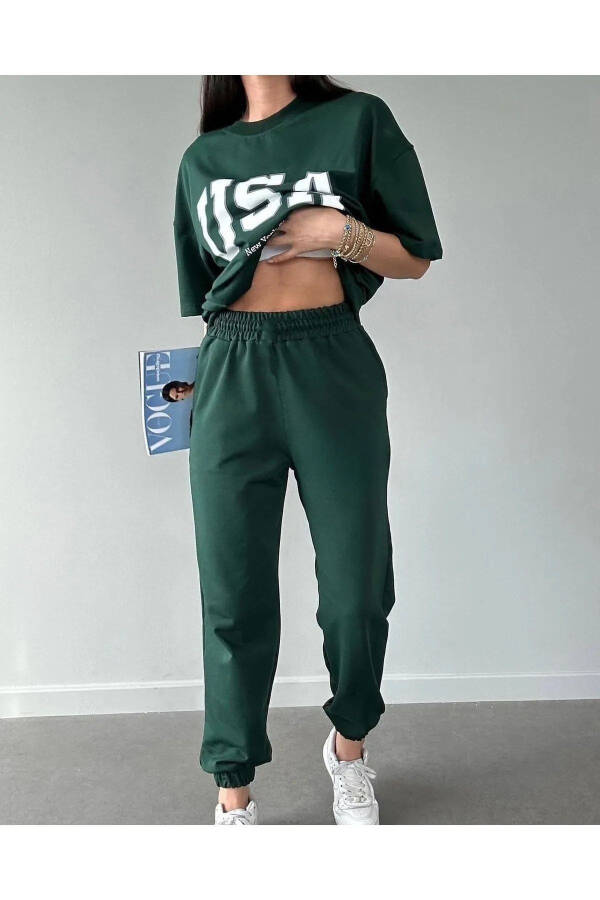 Usa T-shirt Jogger Pants - Green Printed Top and Bottom Tracksuit Oversize Bicycle Neck - 2