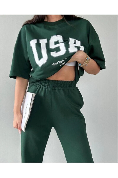 Usa T-shirt Jogger Pants - Green Printed Top and Bottom Tracksuit Oversize Bicycle Neck - 3