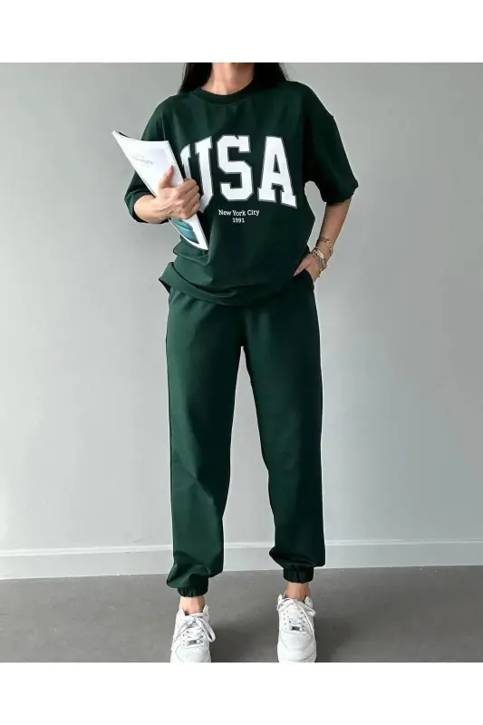 Usa T-shirt Jogger Pants - Green Printed Top and Bottom Tracksuit Oversize Bicycle Neck - 2