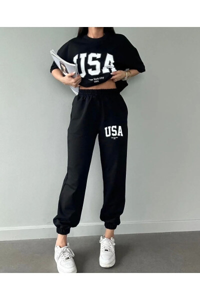 Usa T-shirt Jogger Shimim - Qora Bosilgan Yuqori va Pastki Shimim To'plami Oversize Velosiped Yaka - 4