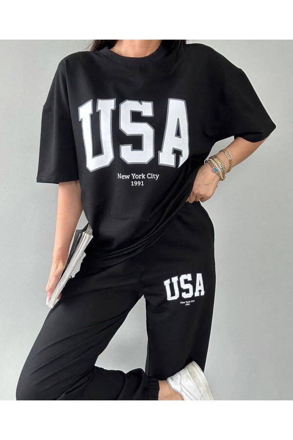 Usa T-shirt Jogger Shimim - Qora Bosilgan Yuqori va Pastki Shimim To'plami Oversize Velosiped Yaka - 5