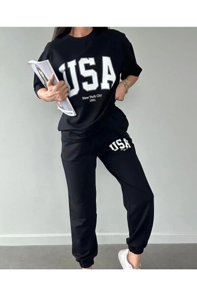 Usa T-shirt Jogger Shimim - Qora Bosilgan Yuqori va Pastki Shimim To'plami Oversize Velosiped Yaka - 6