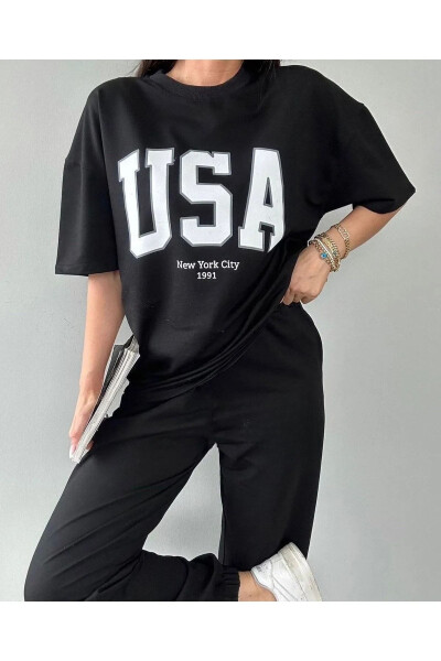 Usa T-shirt Jogger Shimim - Qora Bosilgan Yuqori va Pastki Shimim To'plami Oversize Velosiped Yaka - 3