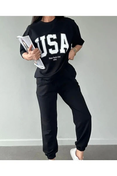 Usa T-shirt Jogger Shimim - Qora Bosilgan Yuqori va Pastki Shimim To'plami Oversize Velosiped Yaka - CLAYES (1)