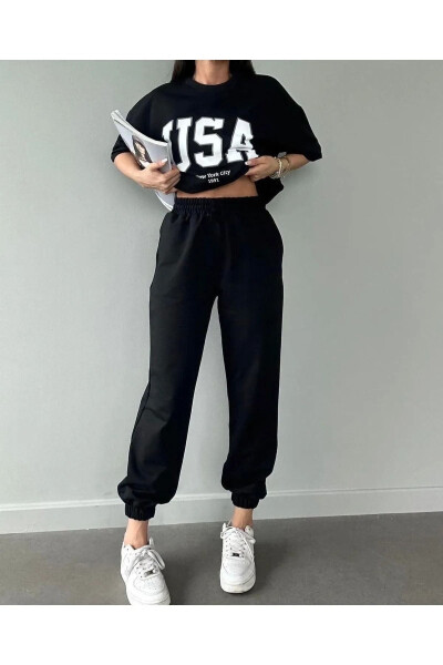 Usa T-shirt Jogger Shimim - Qora Bosilgan Yuqori va Pastki Shimim To'plami Oversize Velosiped Yaka - CLAYES