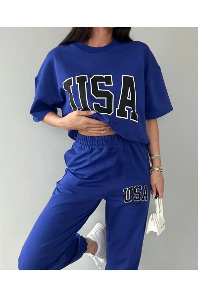 USA T-shirt Jogger shimlari - Ko'k bosilgan yuqori va pastki sport kostyumi, o'lchamli velosiped yoqasi - 5