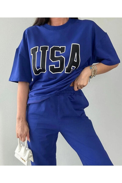 USA T-shirt Jogger shimlari - Ko'k bosilgan yuqori va pastki sport kostyumi, o'lchamli velosiped yoqasi - CLAYES