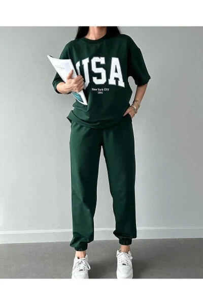 Usa T-shirt Jogger shimlari - Yashil bosma tepalik va pastki sport kiyimi Oversize Velosiped Yoqasi - CLAYES (1)
