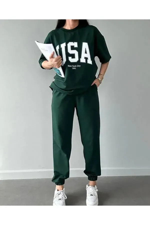 Usa T-shirt Jogger shimlari - Yashil bosma tepalik va pastki sport kiyimi Oversize Velosiped Yoqasi - 2