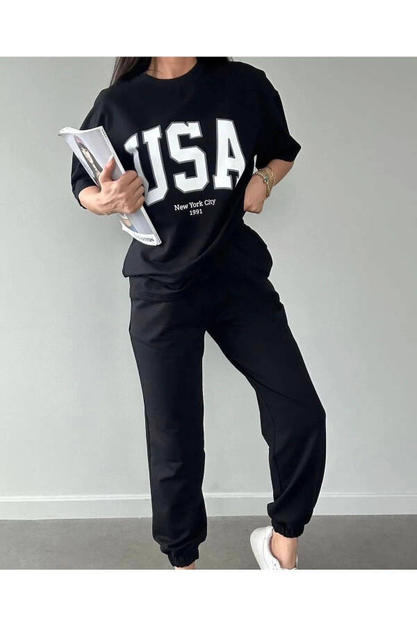 Usa T-shirt Jogger Sweatpants - Black Printed Top and Bottom Sweatsuit Oversize Crew Neck - 2