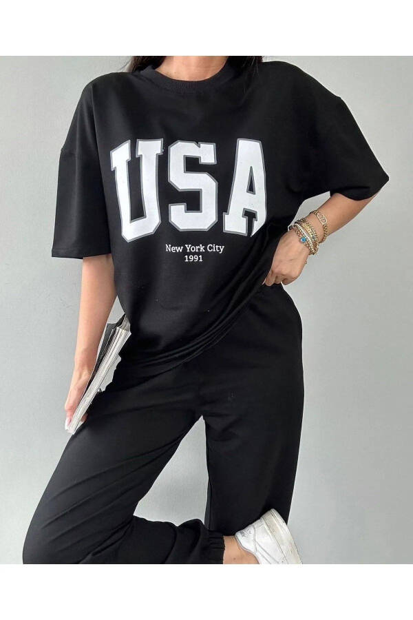 Usa T-shirt Jogger Sweatpants - Black Printed Top and Bottom Sweatsuit Oversize Crew Neck - 3