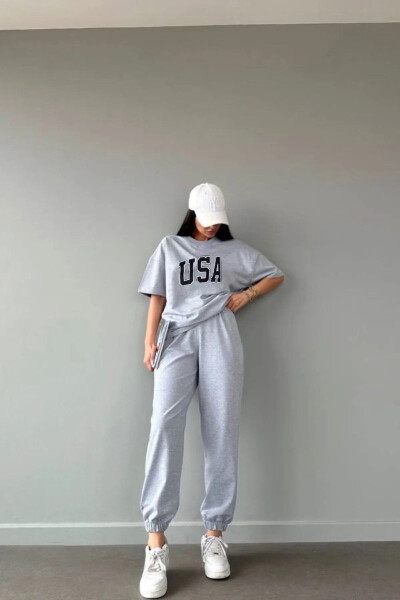 Usa T-shirt Jogger Sweatpants - Grey Printed Top and Bottom Sweatsuit Oversize Crew Neck - 3