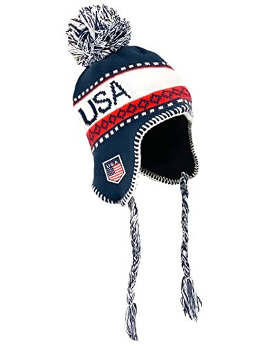 USA Winter Hat, Knit Beanie Snow Winter Hat Ski Cap with Pom, USA Peruvian Hat with Ear Flaps and Fleece Lining - USA