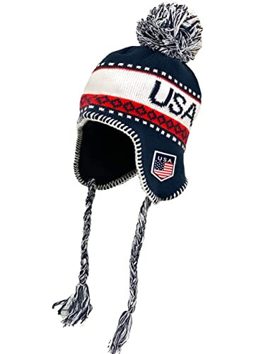 USA Winter Hat, Knit Beanie Snow Winter Hat Ski Cap with Pom, USA Peruvian Hat with Ear Flaps and Fleece Lining - USA (1)