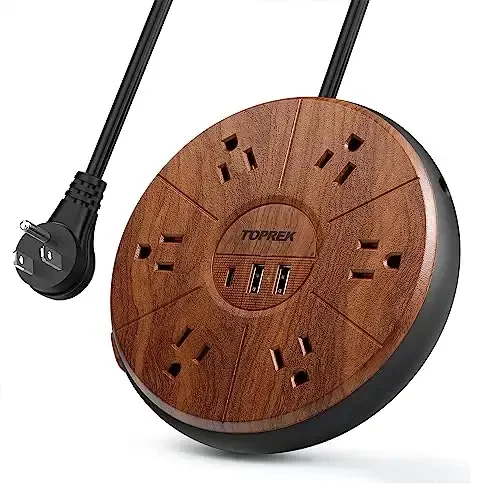 USB bilan quvvatlash uchun tarmoqli filtr, PD 20W USB-C quvvatlash, 6 rozetkali 6.5 FT uzaytirish kabeli, 1 USB-C, 2 USB-A, TOPREK tarmoqli filtr kuchlanishdan himoya qiluvchi, uy, ofis, yotoqxona uchun yog'och qoplamali stol quvvatlash stantsiyasi 