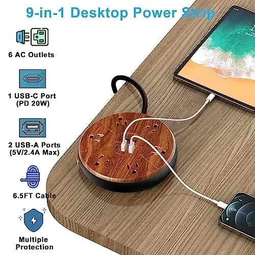 USB bilan quvvatlash uchun tarmoqli filtr, PD 20W USB-C quvvatlash, 6 rozetkali 6.5 FT uzaytirish kabeli, 1 USB-C, 2 USB-A, TOPREK tarmoqli filtr kuchlanishdan himoya qiluvchi, uy, ofis, yotoqxona uchun yog'och qoplamali stol quvvatlash stantsiyasi - 2