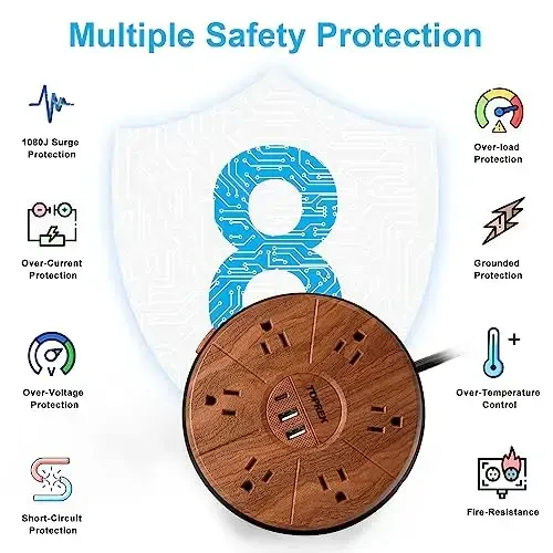 USB bilan quvvatlash uchun tarmoqli filtr, PD 20W USB-C quvvatlash, 6 rozetkali 6.5 FT uzaytirish kabeli, 1 USB-C, 2 USB-A, TOPREK tarmoqli filtr kuchlanishdan himoya qiluvchi, uy, ofis, yotoqxona uchun yog'och qoplamali stol quvvatlash stantsiyasi - 5