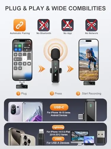 USB C Беспроводной петличный микрофон для iPhone 15/16, Mini Lav LED микрофон для телефона Android с шумоподавлением, петличный микрофон для подкастов для создания контента Tiktok, видеозаписи, потоковой передачи, видеоблогов - 6