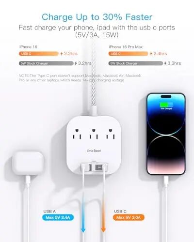 USB-C bilan jihozlangan rozetka, 3 rozetka, 4 USB port (22,5 Vt/4,5 A) ish stoli quvvatlanish stantsiyasi, tekis vilkasi, 5 futli to'qilgan uzatish kabeli, sayohat, kruiz kemalari uchun voltaj o'zgarishidan himoyalanmagan, ETL tasdiqlangan - 3