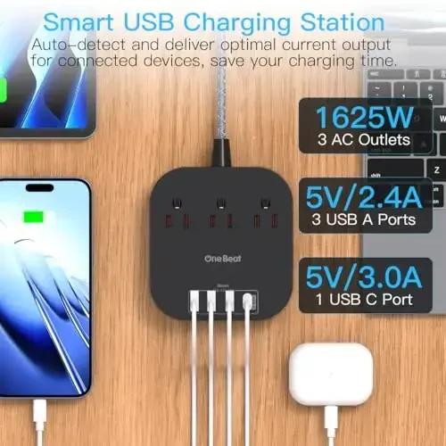 USB C bilan quvvat uzatgich, 3 rozetka 4 USB port (22.5W/4.5A) Stol usti zaryadlash stansiyasi, Yassi vilka, 5 futlik o'ralgan uzatma simi, Sayohat, kruiz kemasi uchun kuchlanishdan himoyalanmagan, ETL ro'yxatdan o'tgan, qora - 2