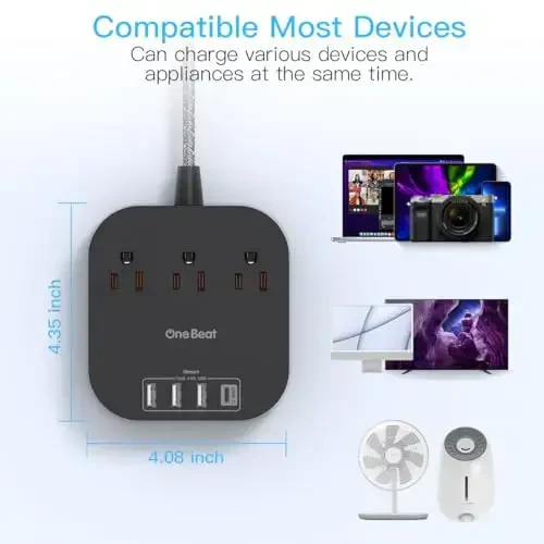 USB C bilan quvvat uzatgich, 3 rozetka 4 USB port (22.5W/4.5A) Stol usti zaryadlash stansiyasi, Yassi vilka, 5 futlik o'ralgan uzatma simi, Sayohat, kruiz kemasi uchun kuchlanishdan himoyalanmagan, ETL ro'yxatdan o'tgan, qora - 6