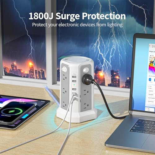 USB-C porti (PD18W) bilan jihozlangan, 10FT uzatma simi, 12 ta AC rozetka va 5 ta USB zaryadlash porti bo‘lgan, minorali shakldagi tok himoyachisi, PASSUS Power Tower tok himoyasi tizimi uy, ofis va yotoqxona uchun - 4