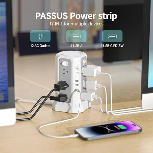 USB-C porti (PD18W) bilan jihozlangan, 10FT uzatma simi, 12 ta AC rozetka va 5 ta USB zaryadlash porti bo‘lgan, minorali shakldagi tok himoyachisi, PASSUS Power Tower tok himoyasi tizimi uy, ofis va yotoqxona uchun - 6