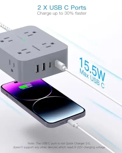 USB C portli tokchali uzaytirgich (2 USB C), HANYCONY 8 rozetkali kuchlanishdan himoyalovchi, 5 futlik uzaytirgich simli, tekis vilka devorga o'rnatish, uy ofisi uchun stol zaryadlash stantsiyasi, ETL ro'yxatga olingan kulrang - 5