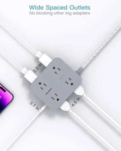 Power Strip with USB C Ports(2 USB C), HANYCONY 8 Outlets Surge Protector with 5 Ft Extension Cord, Flat Plug Wall Mount, Desk Charging Station for Home Office, ETL Listed Gray - 4