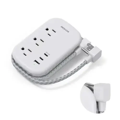 USB C Travel Power Strip, BESHON Ultra Flat Extension Cord, Flat Plug Power Strip, 3 Outlets with 3 USB Ports(2 USB C), 3.2ft Wrapped Around Extension Cord for Cruise Ship, Travel Essentials, Grey - 1