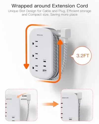 USB C Travel Power Strip, BESHON Ultra Flat Extension Cord, Flat Plug Power Strip, 3 Outlets with 3 USB Ports(2 USB C), 3.2ft Wrapped Around Extension Cord for Cruise Ship, Travel Essentials, Grey - 3