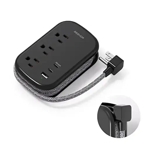 USB C Travel Power Strip, BESHON Ultra Flat Extension Cord, Flat Plug Power Strip, 3 Outlets with 3 USB Ports(2 USB C), 3.2ft Wrapped Around Extension Cord for Cruise Ship, Travel Essentials, Black - 1