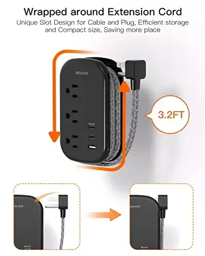 USB C Travel Power Strip, BESHON Ultra Flat Extension Cord, Flat Plug Power Strip, 3 Outlets with 3 USB Ports(2 USB C), 3.2ft Wrapped Around Extension Cord for Cruise Ship, Travel Essentials, Black - 3