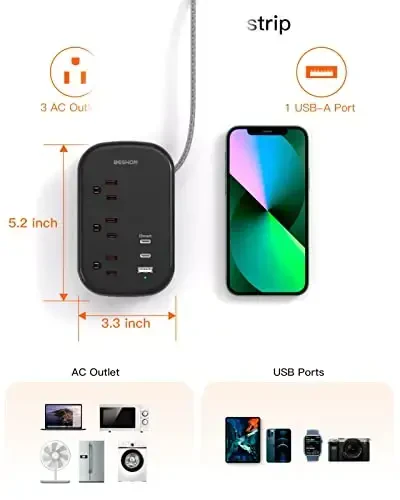 USB C Travel Power Strip, BESHON Ultra Flat Extension Cord, Flat Plug Power Strip, 3 Outlets with 3 USB Ports(2 USB C), 3.2ft Wrapped Around Extension Cord for Cruise Ship, Travel Essentials, Black - 5