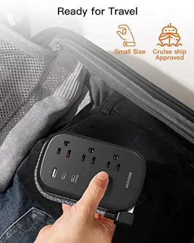 USB C Travel Power Strip, BESHON Ultra Flat Extension Cord, Flat Plug Power Strip, 3 Outlets with 3 USB Ports(2 USB C), 3.2ft Wrapped Around Extension Cord for Cruise Ship, Travel Essentials, Black - 6