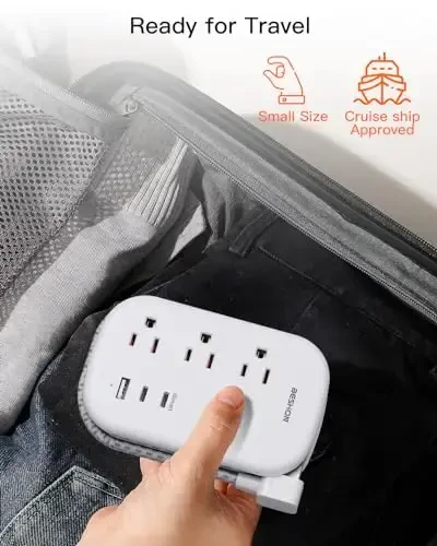 USB C Travel Power Strip, BESHON Ultra Flat Extension Cord, Flat Plug Power Strip, 3 Outlets with 3 USB Ports(2 USB C), 3.2ft Wrapped Around Extension Cord for Cruise Ship, Travel Essentials, Grey - 6