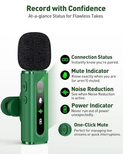 USB C Wireless Lavalier Microphone for iPhone, iPad & Android Phone, Green | 360° Rotatable Clip, Clear Indicator Light, Noise Reduction, Plug & Play, Ideal for Vlogs, TikTok & YouTube Content Creators - 4