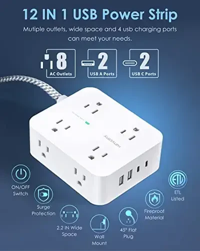 6Ft Surge Protector Power Strip with USB C, HANYCONY Extension Cord with 8 Outlets(2.2 IN) 4 USB Ports(2 USB C), Flat Plug, Wall Mount, 3 Side Outlet Extender for Home Dorm Room Essentials, ETL Listed - HANYCONY (1)