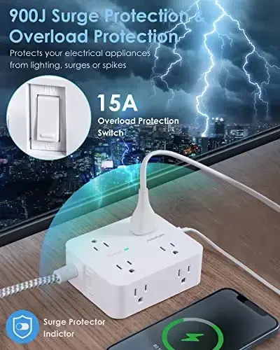 6Ft Surge Protector Power Strip with USB C, HANYCONY Extension Cord with 8 Outlets(2.2 IN) 4 USB Ports(2 USB C), Flat Plug, Wall Mount, 3 Side Outlet Extender for Home Dorm Room Essentials, ETL Listed - 6