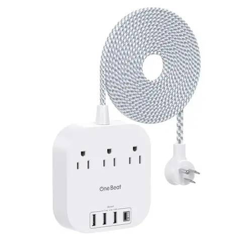 Power Strip with USB C, 3 Outlets 4 USB Ports (22.5W/4.5A) Desktop Charging Station, Flat Plug, 15ft Braided Extension Cord, Non Surge Protector for Travel, Cruise Ship, ETL Listed - ONE BEAT