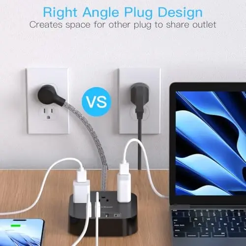 Power Strip with USB C, 3 Outlets 4 USB Ports (22.5W/4.5A) Desktop Charging Station, Flat Plug, 5ft Braided Extension Cord, Non Surge Protector for Travel, Cruise Ship, ETL Listed, Black - 4
