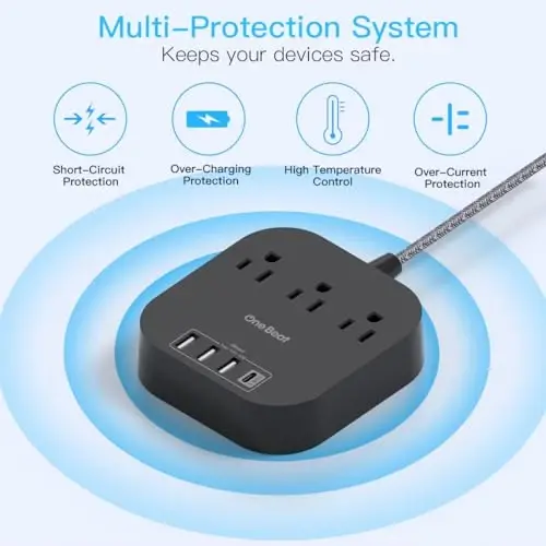 Power Strip with USB C, 3 Outlets 4 USB Ports (22.5W/4.5A) Desktop Charging Station, Flat Plug, 5ft Braided Extension Cord, Non Surge Protector for Travel, Cruise Ship, ETL Listed, Black - 5