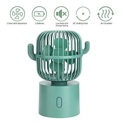 USB Desk Fan, 3 Speeds Adjustable Portable Cute Cactus Desktop Table Fan Two Ways Charging Wide-Angle Shaking Head Mini Personal Cooling Fan for Home, Office, Car, Desktop Decoration(Green) - 2