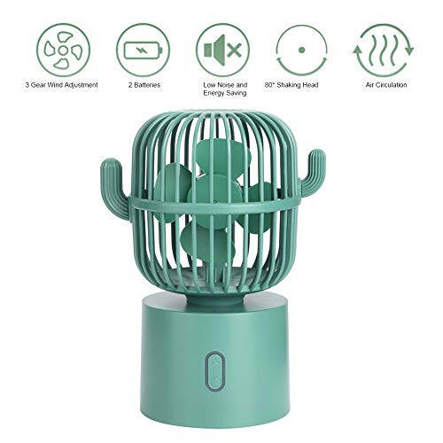 USB Desk Fan, 3 Speeds Adjustable Portable Cute Cactus Desktop Table Fan Two Ways Charging Wide-Angle Shaking Head Mini Personal Cooling Fan for Home, Office, Car, Desktop Decoration(Green) - 2