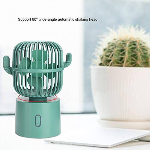 USB Desk Fan, 3 Speeds Adjustable Portable Cute Cactus Desktop Table Fan Two Ways Charging Wide-Angle Shaking Head Mini Personal Cooling Fan for Home, Office, Car, Desktop Decoration(Green) - 3